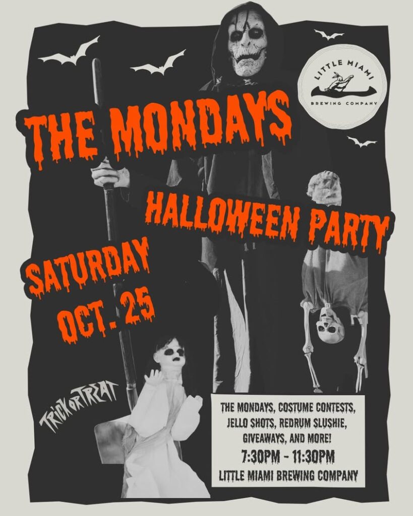 Promotional image for Little Miami Brewing’s Halloween party on October 25th, featuring festive graphics and event details.