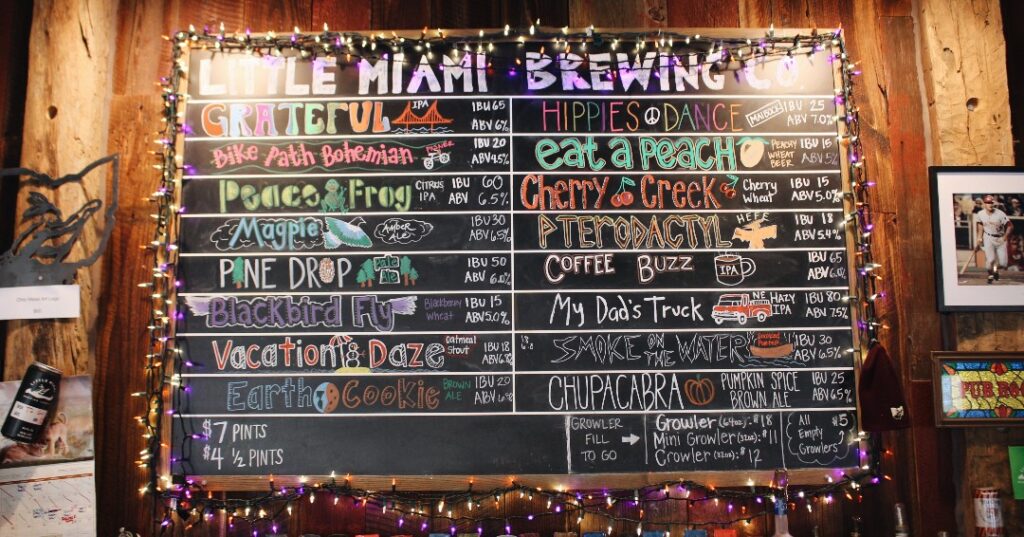 Little Miami Brewing Company beer menu board displaying available brews for Thanksgiving pints and growlers.