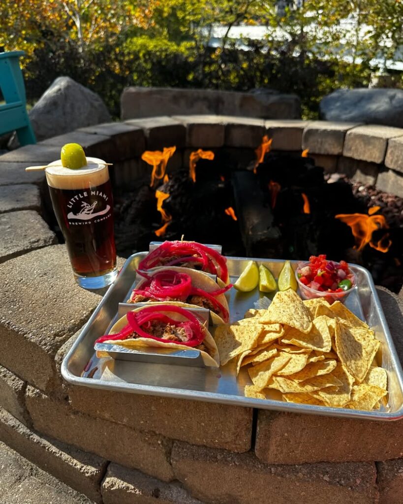 Pulled pork tacos with chipotle BBQ sauce, pico de gallo, and tortilla chips served at Little Miami Brewing Company.