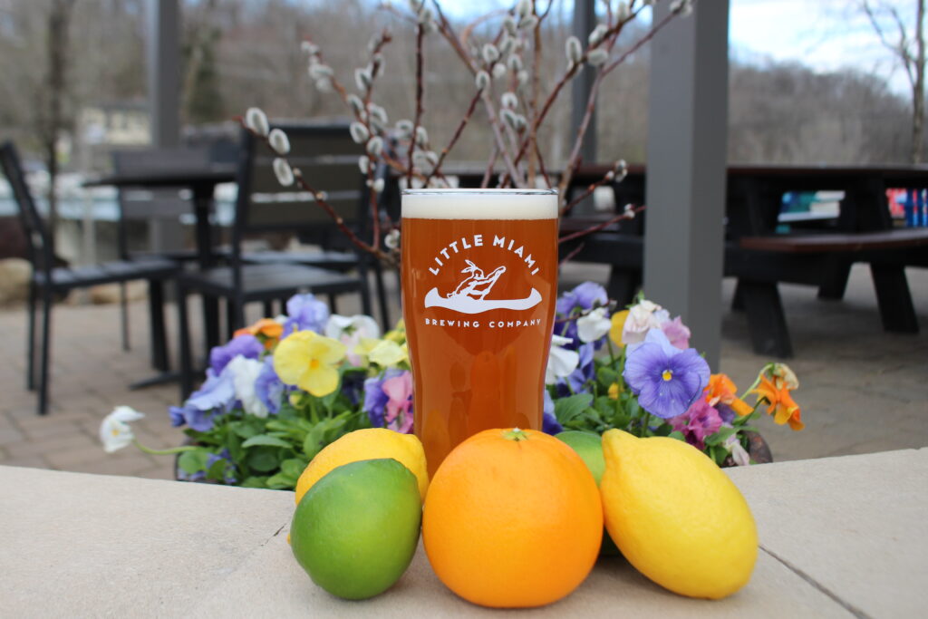 Little Miami Brewing Company’s Peace Frog IPA, dry-hopped with Citra hops and surrounded by citrus fruits.