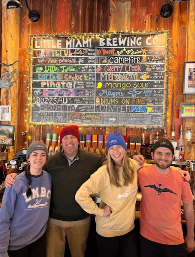 Live band performing on stage during an evening event at Little Miami Brewing Company in Milford, Ohio.