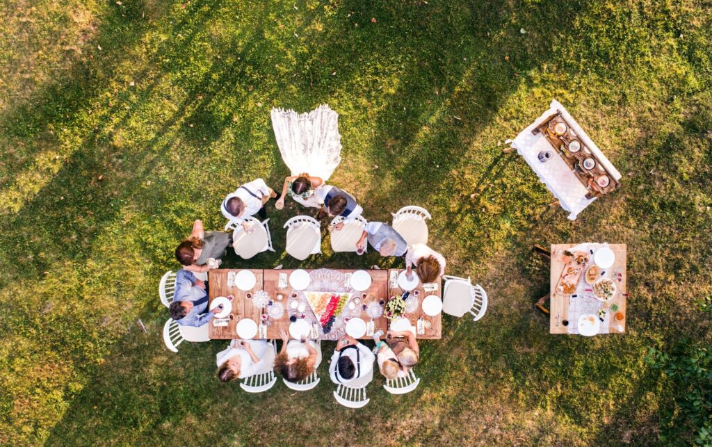 Aerial view of an elegant outdoor reception, perfect for outdoor wedding venues blending nature and intimate celebrations.