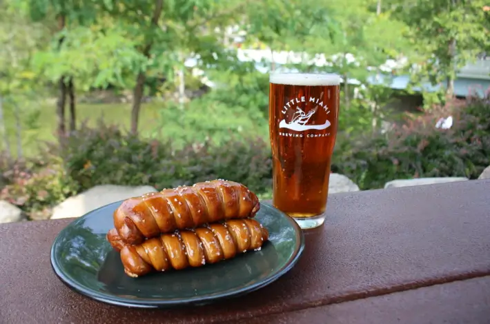 A Little Miami Brewing Company beer and pretzels