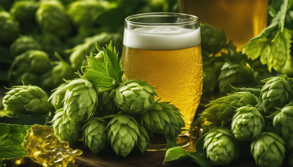 A glass of beer with fresh hops.