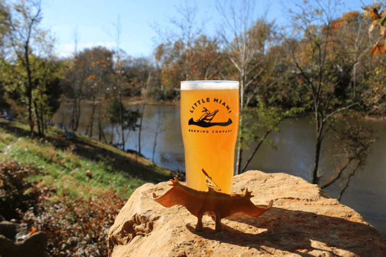 A pint glass filled with golden beer sits on a rock overlooking a scenic river.

