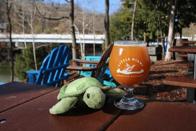 A glass of Little Miami Brewing Company beer sits on a wooden table outside with a stuffed turtle and a scenic view of the river.