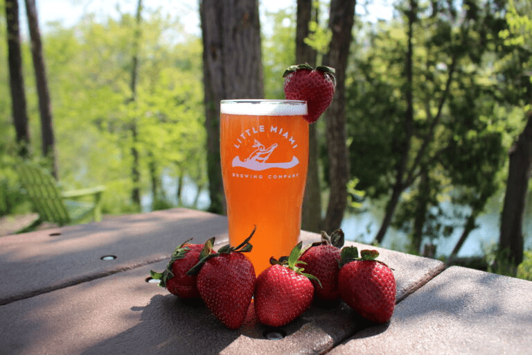 A pint glass filled with golden beer sits on a wooden table outside with a scenic view of the river and several strawberries.