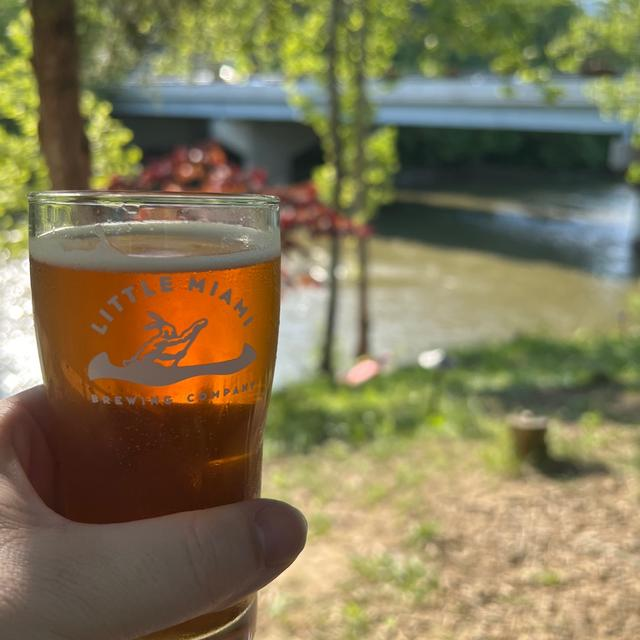 Close up shot of a glass of Hazy IPA from Little Miami Brewing company.