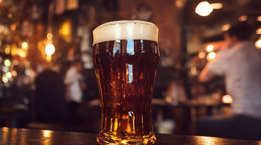 glass of beer with a thick head of foam sits on a bar counter in a dimly lit pub.