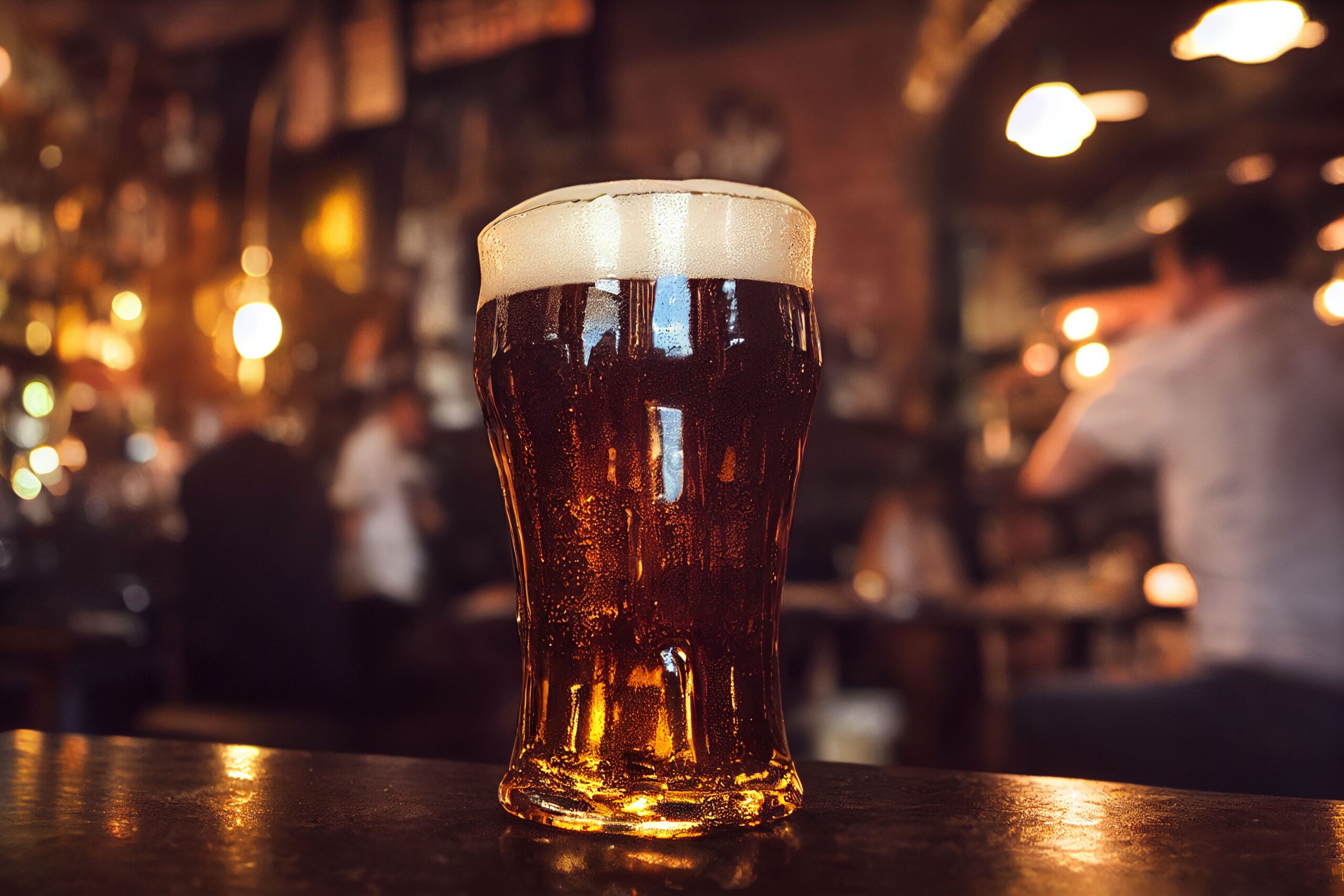 glass of beer with a thick head of foam sits on a bar counter in a dimly lit pub.