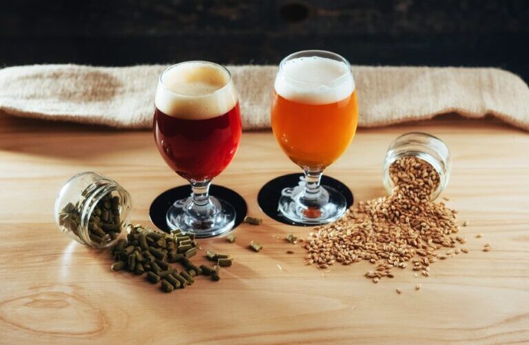 Two glasses of craft beer, one amber and one reddish, sitting on a wooden table alongside hops and barley grains, highlighting the ingredients used in microbrewery creations.