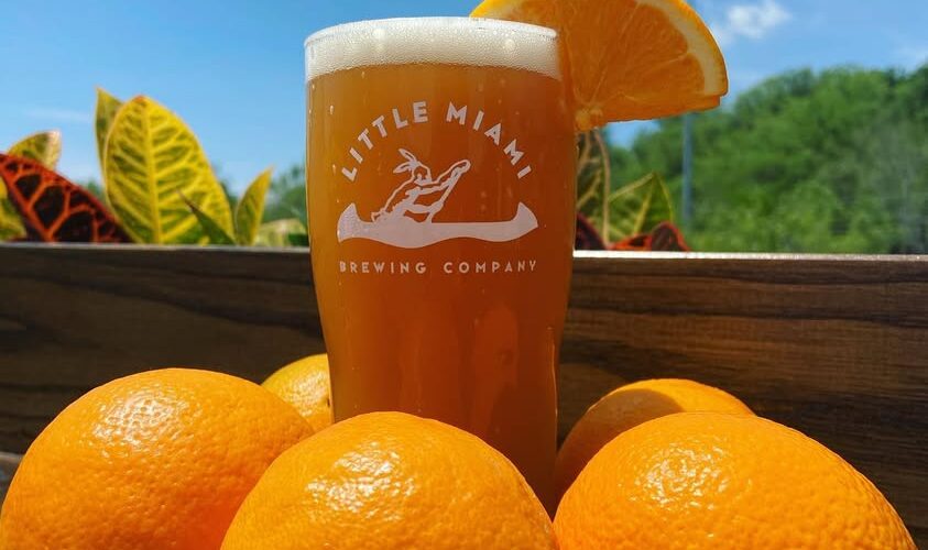 Curveball Belgian Wit by Little Miami Brewing Company served in sunshine with an orange slice.