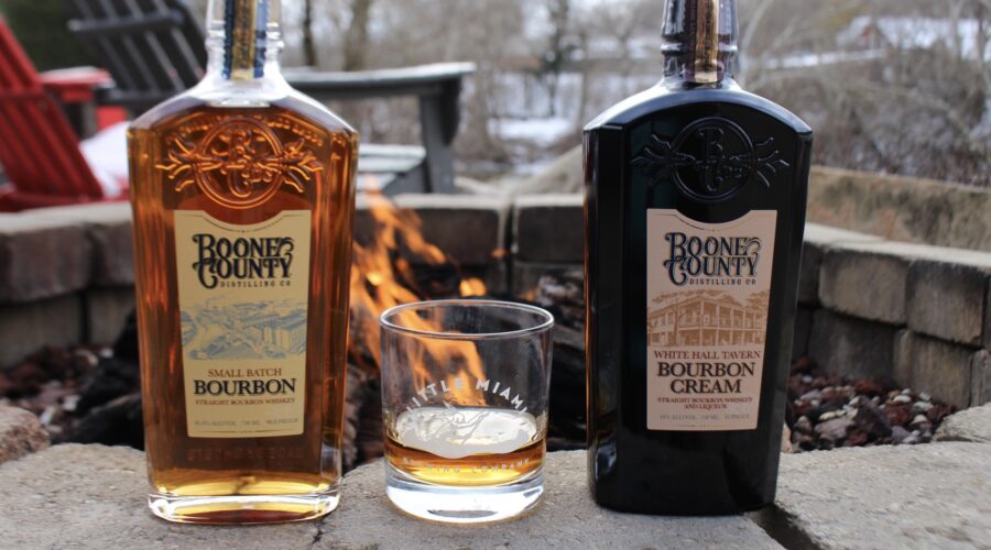 Boone County bourbon tasting at Little Miami Brewing Company’s snowy riverside patio with fire pit.