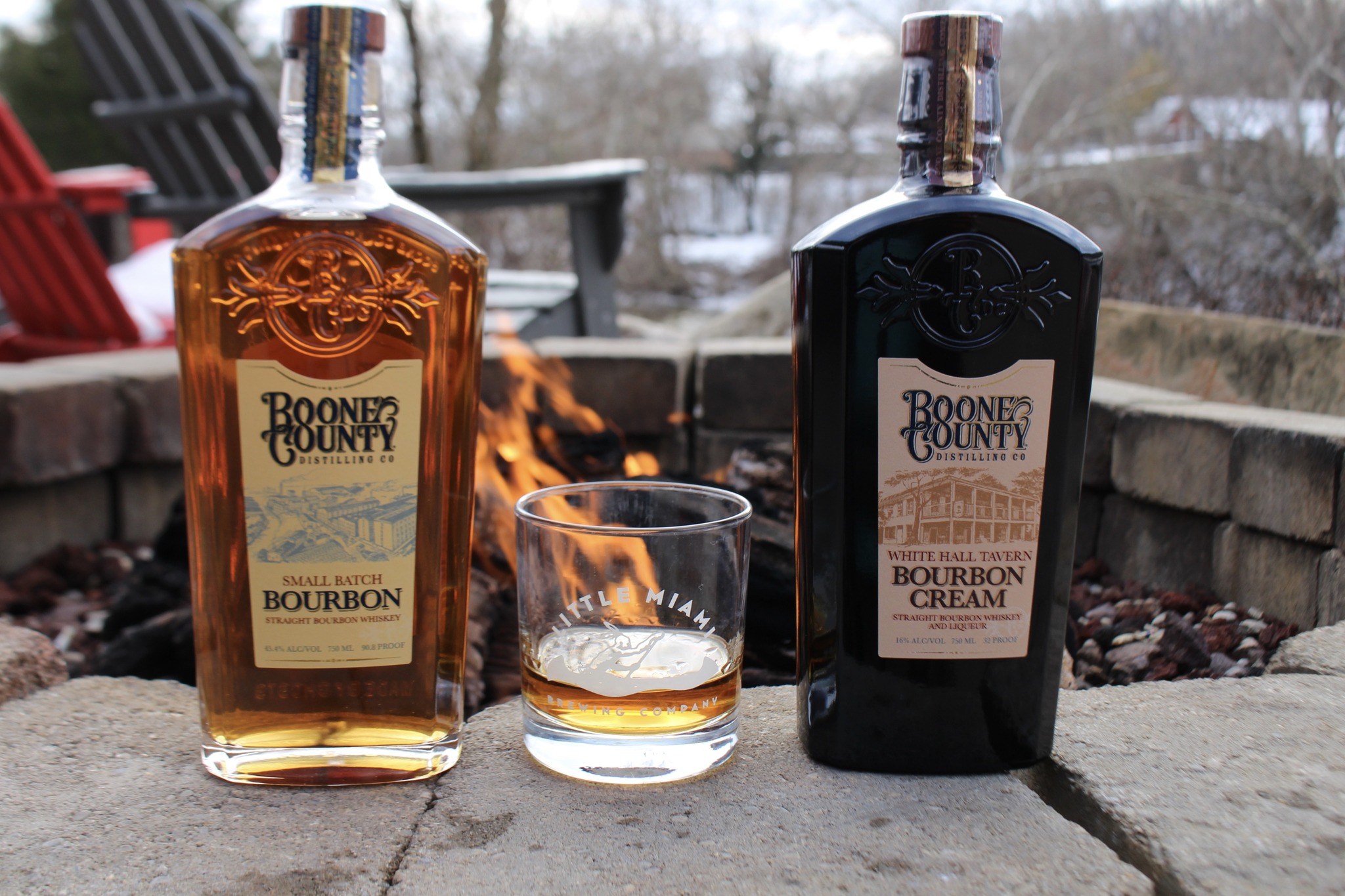 Boone County bourbon tasting at Little Miami Brewing Company’s snowy riverside patio with fire pit.