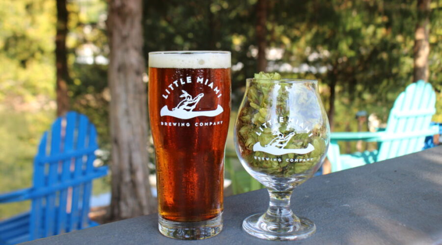 Harvest Moon IPA from Little Miami Brewing Company poured in a glass, showcasing Ohio-grown hops E’desem and Alleigh.