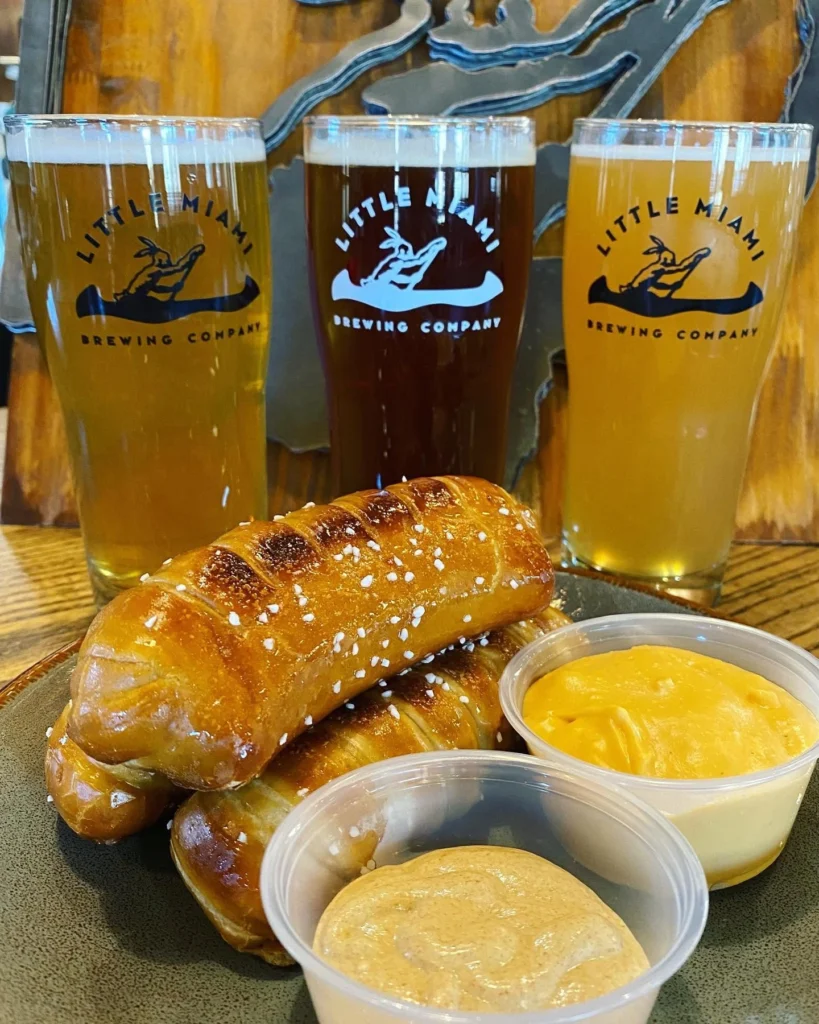 Different styles of craft beer with varying colors at Little Miami Brewing Company.